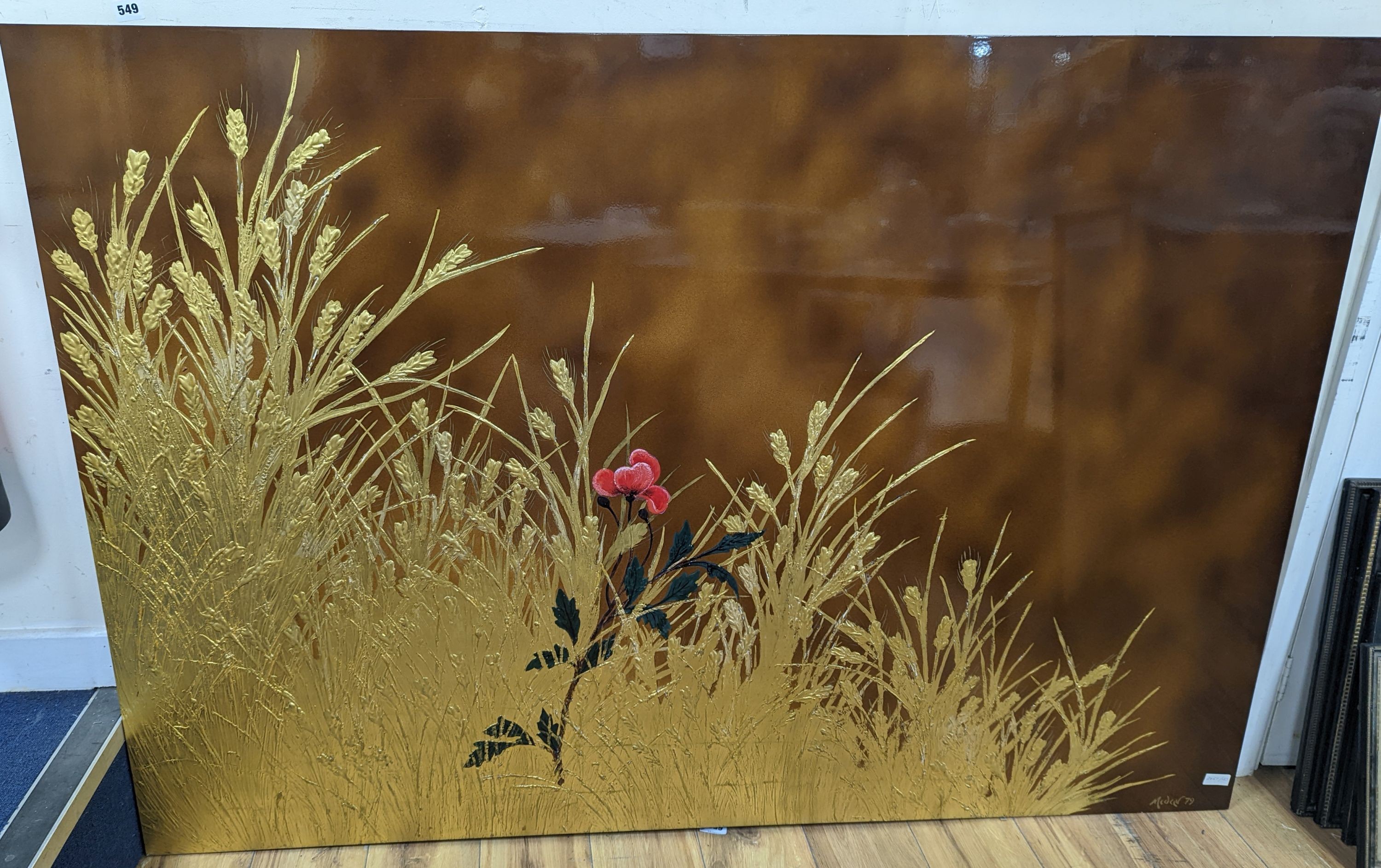 A large lacquer panel of rose amongst gilt painted corn, signed, Midcour dated, ‘79. 110cms high x 160cms wide